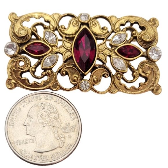 1928 Brand Gold Tone Red, Clear Glass Rhinestone Scroll Bar Brooch Pin E489 - Picture 6 of 9